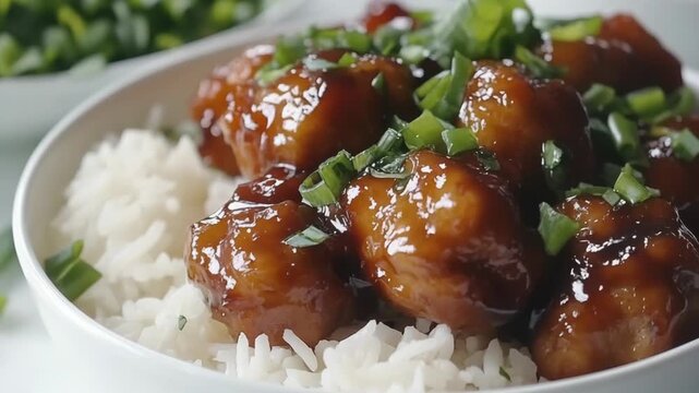 selective focus crispy chicken bites coated in tangy sweet and sour glaze with rice