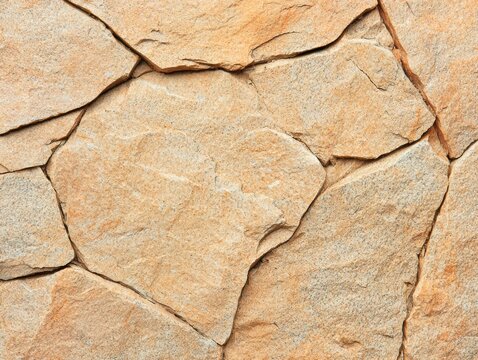 Close-up of a natural stone wall with irregular, interlocking beige and light brown stones forming a textured surface.
