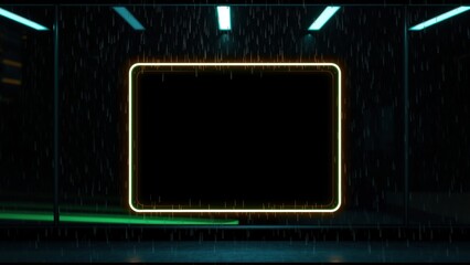 Fototapeta premium Dark tunnel with illuminated rectangle. Rain streaks down walls. Blue, green, yellow lights create dramatic effect. Empty space dominates scene.