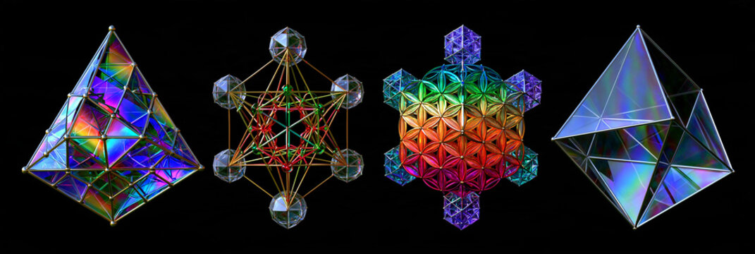 Vier farbenfrohe K&ouml;rper der Heiligen Geometrie auf Schwarz