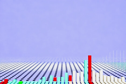 A 3D bar chart visualization showing financial data trends, growth indicators, and statistical values on a patterned background.