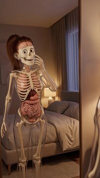 Human Skeleton Looking at Reflection in Mirror with Confidence, 3D Anatomy CGI and Positive Self Image Concept
