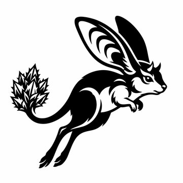 Black and white mythical fantasy jerboa creature jumping with large ears and leafy tufted tail
