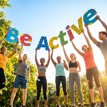 Diverse group holding be active letters in a sunny park