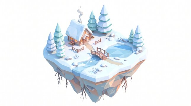 Low poly isometric floating winter island with snowy cabin, pine trees, frozen pond and wooden bridge, cozy 3D snow landscape isolated on white background