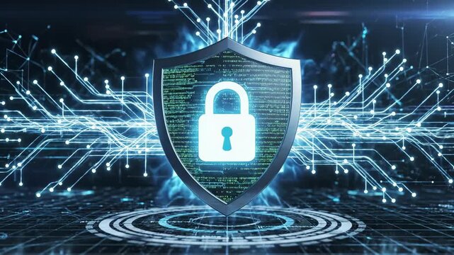 Tracking zoom slow motion pan of shield lock securing digital network with flowing data in virtual grid cybersecurity environment