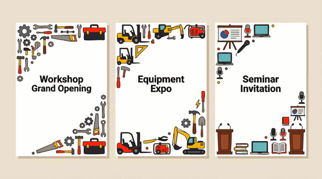 Vibrant illustrated triptych showcasing industry event posters for workshop grand opening, equipment expo, and seminar invitation, ideal for trade shows, supplier directories, and professional