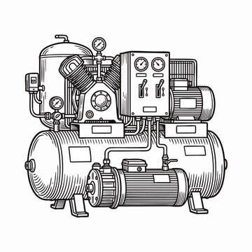 Detailed industrial air compressor unit with intricate mechanical components and control panel, concept for manufacturing equipment, industrial publications, and supplier catalogs