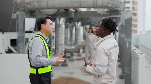 Industrial team in protective workwear discussing maintenance among pipes and ductwork inside a modern facility.