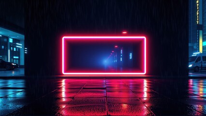 Fototapeta premium Neon rectangle frames distant city street. Wet pavement reflects vibrant red, blue light. Dark, moody atmosphere prevails.