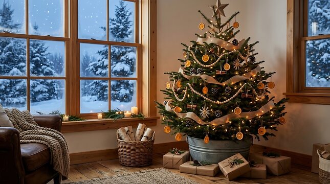 Decorated Christmas tree by snowy window