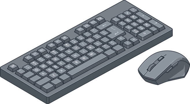 Isometric 3D computer keyboard and mouse vector illustration isolated on white background depicting desktop workstation hardware input devices