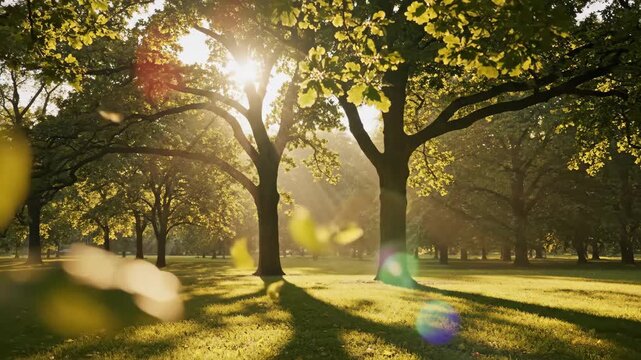 Slow motion pan tracking handheld of oak trees casting long shadows in urban park meadow during golden hour evening sunlight
