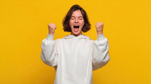 Photo of ecstatic lady shout loud yeah fist up raise win lottery isolated bright shine color background
