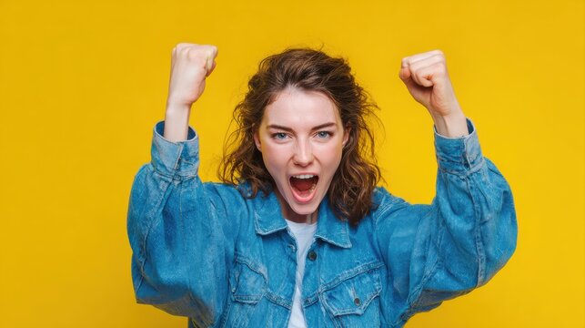 Photo of ecstatic lady shout loud yeah fist up raise win lottery isolated bright shine color background