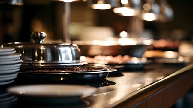 A warmly lit buffet counter with covered dishes and stacked plates  suggesting a restaurant or hotel dining area