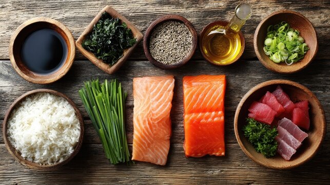Sushi Ingredients Spread: A meticulously arranged overhead view showcases fresh salmon, tuna, rice, scallions, seaweed, pepper, and oil, ready to be transformed into delicious sushi.
