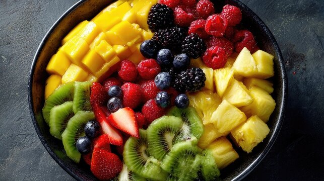 Vibrant Fruit Platter: A colorful and refreshing assortment of freshly cut fruits including mango, berries, kiwi, pineapple, and strawberry arranged artfully in a dark bowl, ready to be enjoyed.