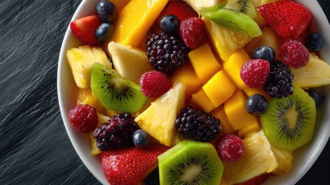 Vibrant Fruit Salad Bowl: A colorful medley of fresh fruits including strawberries, blueberries, raspberries, blackberries, kiwi, pineapple, and mango are artfully arranged in a white bowl.