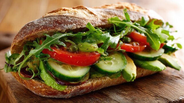 Freshly Made Sandwich: A vibrant and delicious sandwich filled with fresh vegetables, arugula, and avocado, resting on a rustic wooden board. A perfect and healthy meal choice.