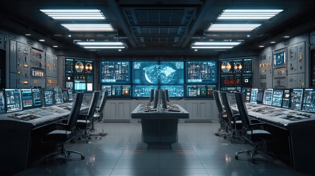 Control Room Brilliance: A high-tech command center with multiple screens displaying complex data and a central globe, illuminated by cool blue and red lights.