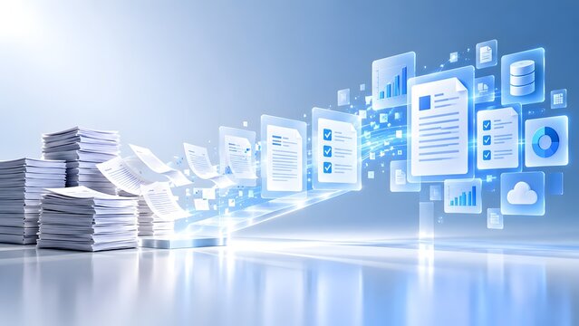 Digital transformation concept with physical paper stacks converting into glowing electronic documents and data icons