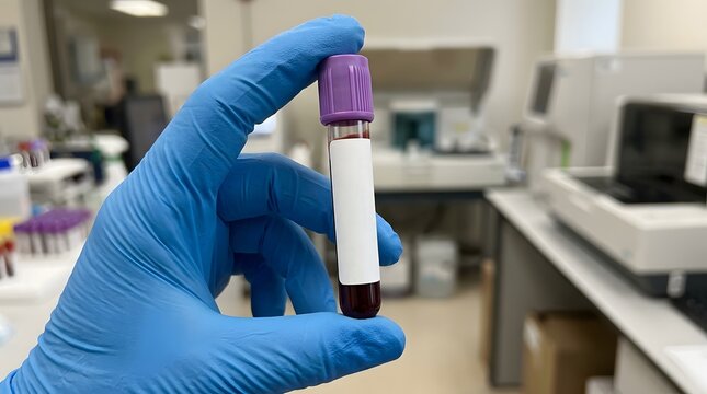 Scientist holding a blood sample tube in a medical laboratory setting