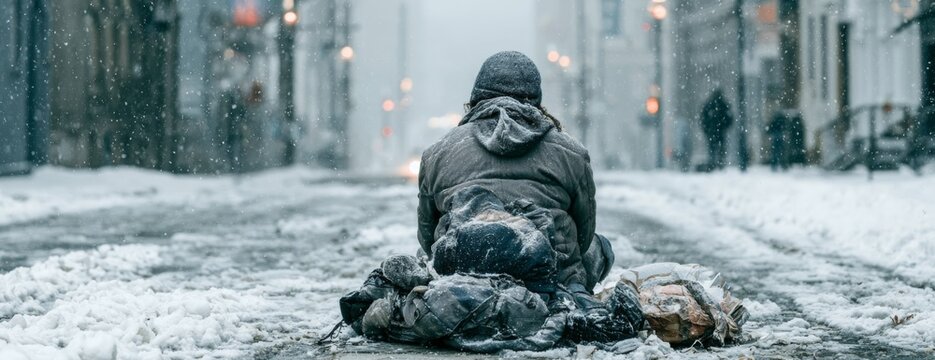 Homeless person sitting in snow on city street during winter  