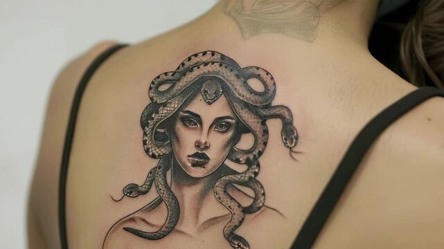 Close-up view of an intricate Medusa and snake tattoo on a person's upper back skin
