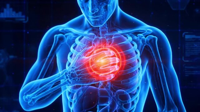 Front view X-ray style 3D animation of a person pressing a hand over the heart with a glowing red chest pain, heart attack concept