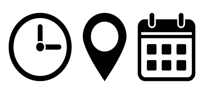 Time, address, and date icon vector with modern flat design, including clock, location pin, and calendar interface symbols.
