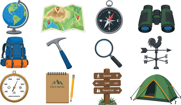 Vector set of camping and hiking equipment icons including tent backpack globe map compass binoculars magnifier weather vane notepad and wooden sign