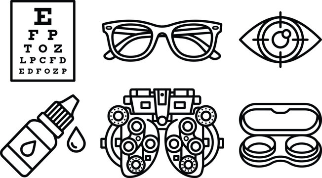 Ophthalmology optometry and clinical eye care line icon set featuring snellen chart eyeglasses target scanning phoropter drops bottle and contact lens case outline vector illustrations