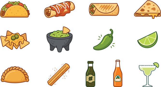 Mexican food cuisine color line icon vector set including taco enchilada burrito quesadilla nachos guacamole jalapeno lime empanada churro hot sauce and margarita