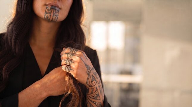 Close-up of a Maori businesswoman with traditional moko kauae chin tattoo and ta moko on her hand