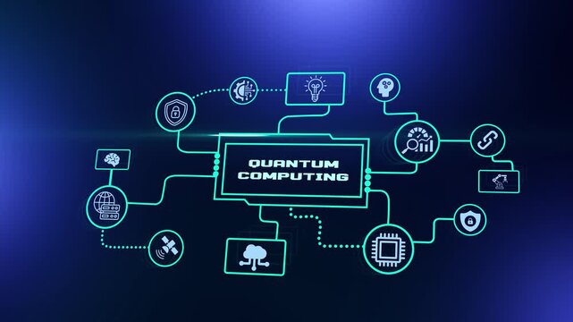 Quantum computing and advanced processor technology concept with cyan neon hud nodes and data analytics background