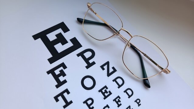 Modern stylish eyeglasses lying on eye test Snellen chart closeup, ophthalmology optics and vision check concept horizontal stock photo.