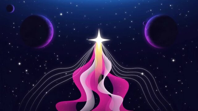 Animated glowing shooting star rising through outer space with flowing pink ribbon light trails, purple planets and twinkling stars. Modern vector cosmic background for astronomy and fantasy projects.