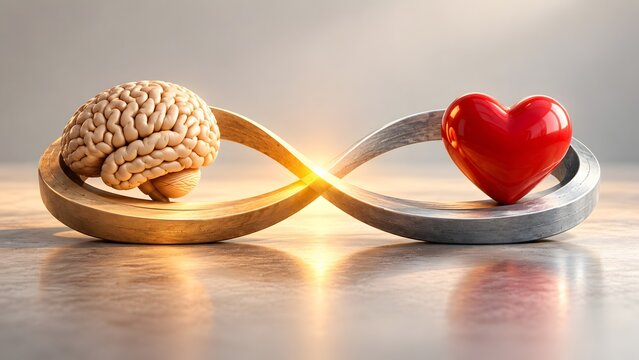 Wooden brain and red heart balanced on infinity symbol showing endless connection of logic and emotion