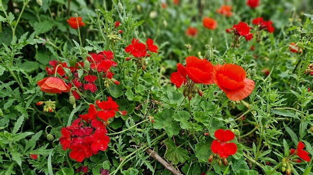 Vibrant red poppies blooming in a lush green meadow.