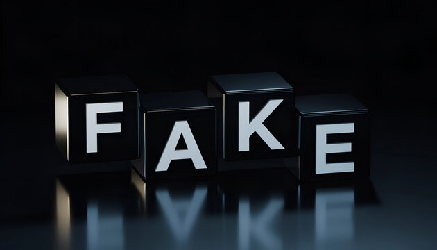Fake News and Misinformation Concept, 3D White Letters on Black Tiles with Dramatic Lighting and Reflective Surface