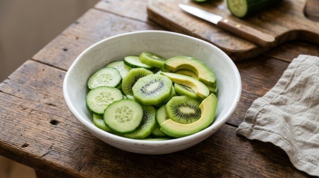 Freshly sliced cucumber and kiwi fruit in a white bowl on rustic wooden table.