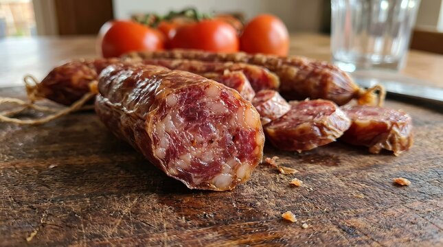 Grilled sausages and tomatoes on rustic wooden cutting board.