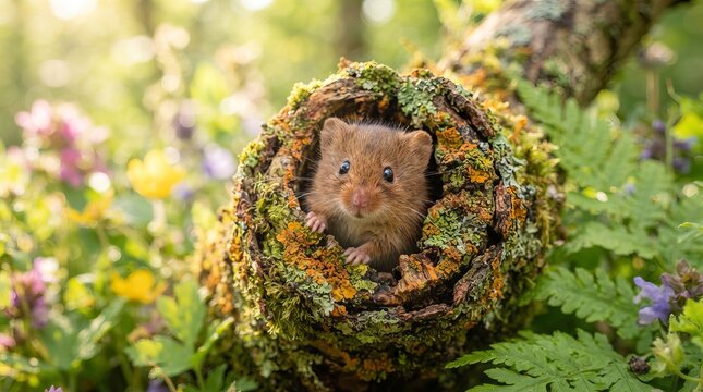 Cute hedgehog curled up inside a pine cone surrounded by wildflowers.