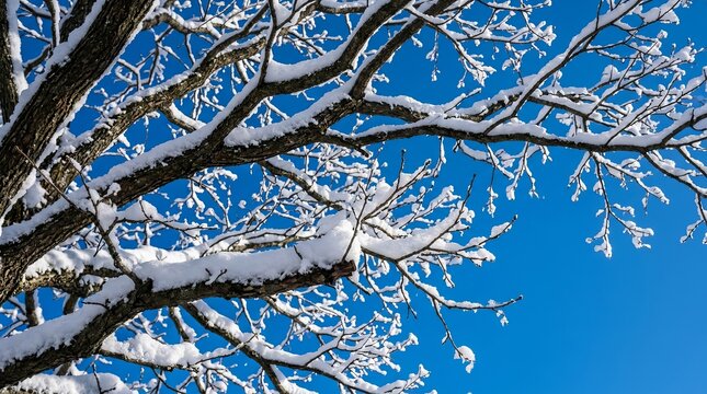 Snow covered branches against a clear blue winter sky.