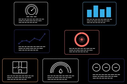 Smart home energy IoT dashboard overlay panels for video production, screen blend HUD interface