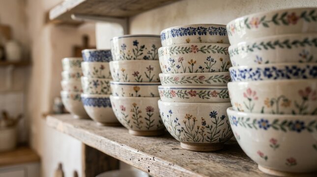 Collection of decorative ceramic bowls with floral patterns on wooden shelf.