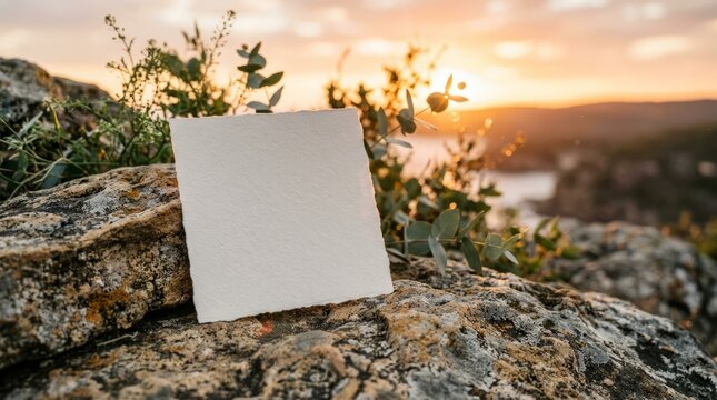 Blank signpost on rocky terrain with scenic sunset background.