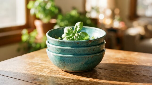 Decorative ceramic bowl with small green plant on wooden table.