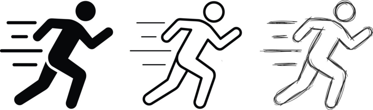Set of running person icons in solid, outline, and sketch styles representing speed, exercise, and active lifestyle